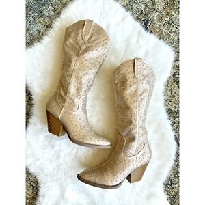 Womens Sz 7.5 Bedazzled Cowgirl Boots Sparkly Zip Up Beige/ivory Western Boots